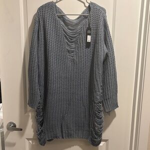 Fashion Nova Distressed Chunky Knit Sweater Dress in Dusty Blue